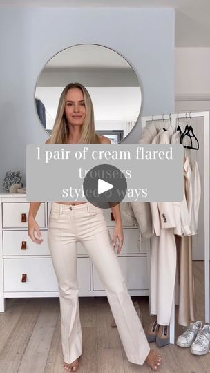 166K views · 5K reactions | 1 pair of cream flared trousers styled 3 ways | 1 pair of flared cream trousers styled 3 ways 🤍 How would you wear yours - 1, 2 or 3? 🤔 A good pair of flared white trousers is the holy grail. Sooo... | By Tess Montgomery | Facebook Cream Flare Leggings Outfit, Cream Flare Pants Outfit, Flare Pants Outfit Fall, Leather Flare Pants Outfits, Flare Leggings Outfit, Flare Jean Outfit, White Flare Pants, Pants Outfit Fall, Cream Trousers