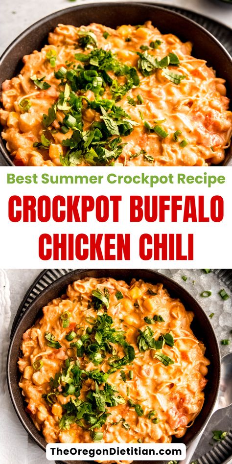 Spice up your summer meals with this easy and flavorful Buffalo Chicken Chili! Made in the crockpot, it combines tender chicken with zesty buffalo sauce and creamy cheese for a delicious twist on classic chili. This easy-to-make recipe is perfect for a laid-back summer dinner, offering a hearty, satisfying dish without heating up your kitchen. #summerdinnerrecipes #summercrockpotrecipes #buffalochicken Buffalo Chicken Soup Crockpot, Buffalo Chicken Crockpot Recipes, Buffalo Chicken Chili Crockpot, Buffalo Chicken Meals, Buffalo Chicken Recipes Crockpot, Buffalo Crockpot, Buffalo Chili Recipe, Buffalo Chicken Crockpot, Crockpot Buffalo Chicken Chili