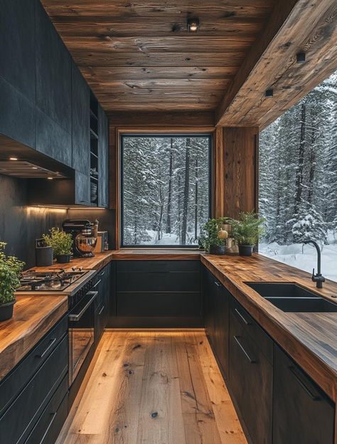 Log House Kitchen, Mountain Home Exterior, Kitchen Improvements, Lake House Kitchen, Cabin Design, Design Your Dream House, Black Kitchens, Beautiful Kitchens, Best Interior