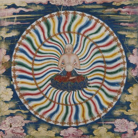 Paintings from a Secret Album Illustrating the Tantric Tibetan Meditation Practice Saravid Vairochana, Primordial Buddha. China. 1700s. Buddhist Painting, Photo Museum, Tibetan Meditation, Moon Juice, Socialist Realism, Tibetan Art, Inner Mongolia, Wheel Of Life, Tibetan Buddhist