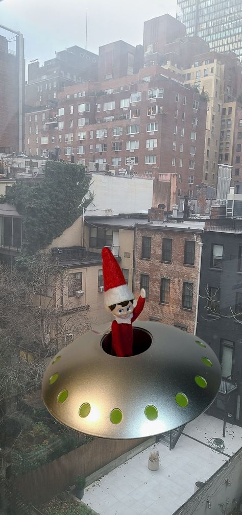 Our elf Quincy departs on Christmas Eve in creative ways each year. This year he's returning to the North Pole from New York City in a space ship. Mom Show, The North Pole, North Pole, Christmas Eve, Elf On The Shelf, Spaceship, Elf, York City, This Year