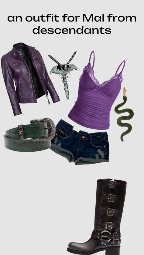 #descendants #mal #movies￼ Mal From Descendants Outfits, Mal And Evie Costumes, Mal And Evie Halloween Costumes, Descendants Inspired Outfits Mal, Descendants Halloween Costumes, Mal Inspired Outfit, Mal Descendants Outfit, Mal Disneybound, Evie Costume Descendants