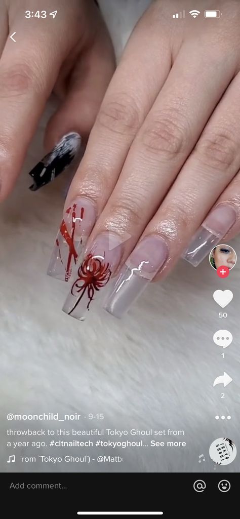 Red Nezuko Nails, Tokyo Ghoul Nails Acrylic, Red Spider Lily Nail Art, Tokyo Ghoul Nail Art, Tokyo Ghoul Inspired Nails, Spider Lily Nail Art, Spider Lily Nails, Tokyo Ghoul Nails Designs, Hisoka Nails