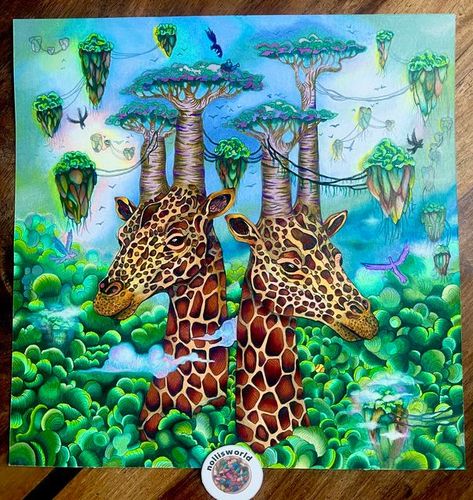 Nicole Noll on Instagram: "Giraffes book wondermorphia by Kerby Rosanes I used Prismacolor pencils, few white distressed ink, and Posca white acrylic pencil to cover up some lines. I added some rockets and changed the lines in the head of the giraffes into spots. The pic was printed on Hahnemühle square paper. #kerbyrosanes #kerbyrosanescolouringbook🎨 #kerbyrosaneswondermorphia #kerbyrosanescoloringbook #kerbyrosanesfan #wondermorphia @kerbyrosanes #adultcoloring #adultcolouringbook #adultc Animorphia Coloring Book, Animorphia Coloring, Colouring Pics, Kerby Rosanes, Mystical Animals, Coloring Tips, Animal Book, Prismacolor Pencils, Square Paper