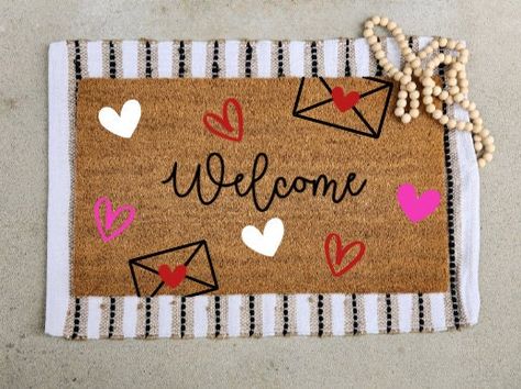 Valentines Porch, Valentines Love Letter, Doormat Diy, Door Mat Diy, Coir Doormat, Dots Design, Welcome Mat, Door Mats, Pink And Red