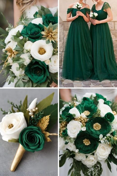 Wedding Color Palette Emerald Green, Royal Green Wedding Theme, Emerald Green And Rose Gold Wedding Decor, Emerald Green And White Wedding Decor, Emerald Green Wedding Bouquet, Emerald Green Winter Wedding, Wedding Color Schemes Green, Emerald And Gold Wedding, Emerald Green And Gold Wedding