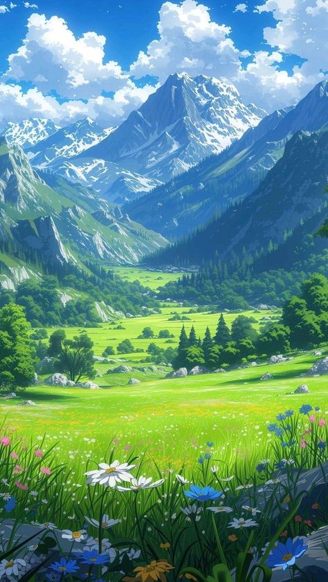 Mountain Anime Wallpaper, Scenery Drawing Landscapes, Scenery Painting Mountain, Fantasy Aesthetic Landscape, Dragon Landscape Art, Paisajes Aesthetic Anime, Scenery Background Landscapes, Anime Landscape Drawing, Green Scenery Wallpaper