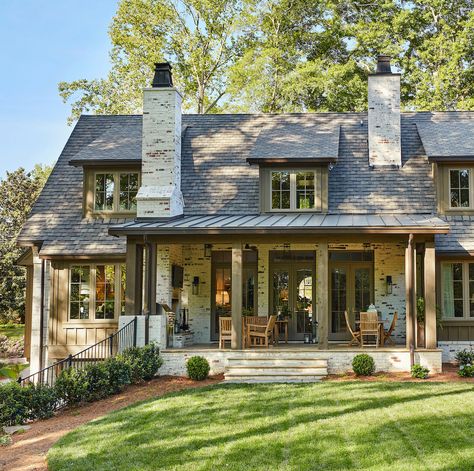 Woodsy House Exteriors, Glass Entry Door, Maggie Griffin Design, Comic Scene, Griffin Design, Dormer Window, Historical Houses, Upstairs Downstairs, Camp House