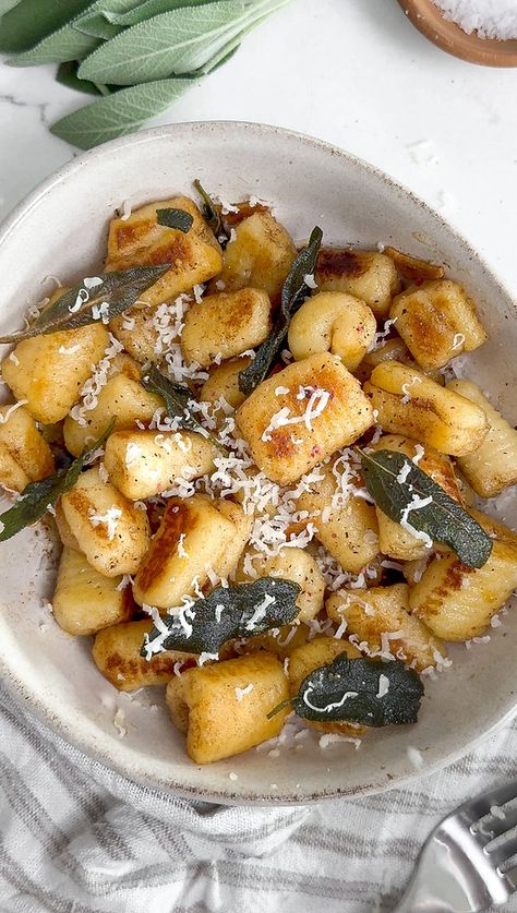 Sage Gnocchi, Five Course Meal Ideas, Crispy Gnocchi With Sausage And Sage Brown Butter, Sage Butter Gnocchi, Butter Sage Gnocchi, Pumpkin Gnocchi Brown Butter Sage, Browned Butter Sage Gnocchi, Pan Fried Gnocchi, Five Course Meal