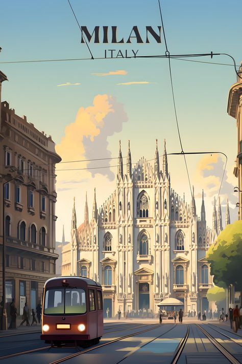 Retro Travel Wall Art: Milan, Italy #TravelArt #WanderlustArt #ExploreCreativity #ArtisticAdventures #GlobalArtistry #skommunizdil Vintage Travel Posters Italy, Retro Art Design, Vintage Country Posters, Milan Drawing, Milan Illustration, Travel Digital Art, Location Illustration, Encouraging Gifts, Art Deco Travel Posters