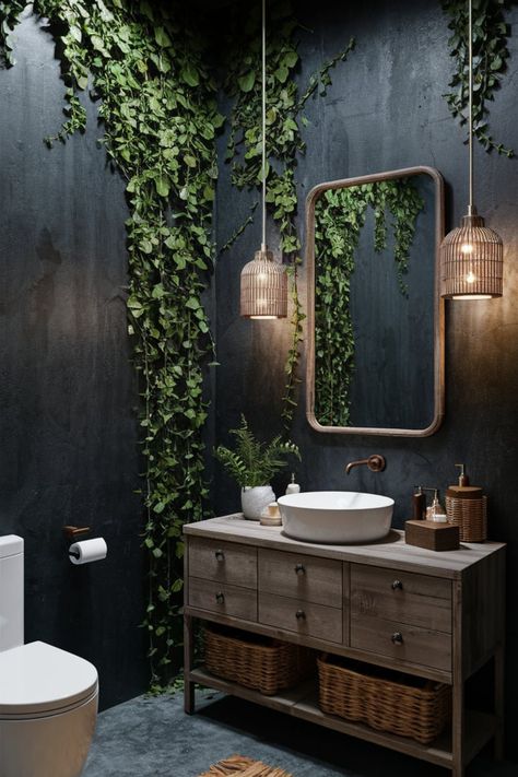 Turn your bathroom into a lush, forest-inspired haven with dark, textured walls and cascading ivy. Add hanging pendant lights and a rustic wooden vanity for a blend of industrial and natural warmth. #ForestInspiredBathroom #IndustrialElegance #BathroomRetreat #RusticCharm #GreenBathroomDecor #UrbanJungle #NaturalWarmth #BathroomInspiration #DarkBathroomDesign #ModernBathroom Tropical Basement, Dark Tropical, Green Bathroom Decor, Dark Bathrooms, Bathroom Retreat, Lush Forest, Wooden Vanity, Bathroom Themes, Home Libraries