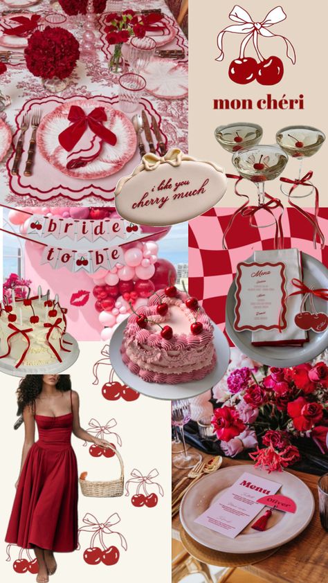 Mon cheri themed bridal shower, cherry theme party, red cherry party, cherry red bridal shower, pink and red party Cherry Themed Galentines, Mon Cheri Bridal Shower Theme, Chic Galentines Party, Mon Cheri Aesthetic, Cherry On Top Bachelorette, Love Theme Bridal Shower Ideas, She’s The Cherry On Top Theme, Bridal Shower Tie The Knot Theme, Red Pink Birthday Theme