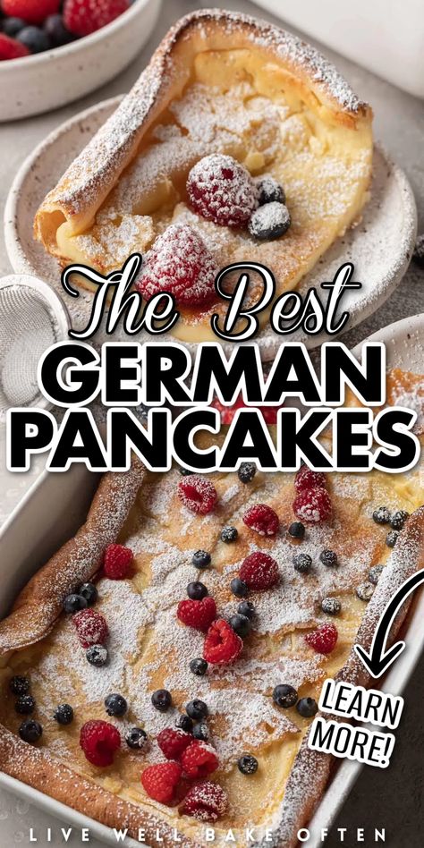 Eggy Pancake Recipe, Dutch Oven German Pancakes, Oven Puffed Pancake, Yummy Pancakes Recipe, Baked German Pancakes, Swedish Oven Pancakes, German Pancakes For Two, German Dutch Pancake, Giant Oven Baked Pancake