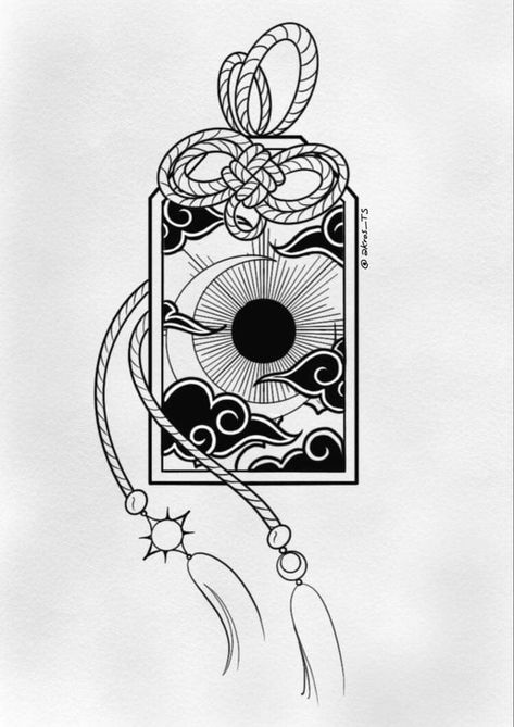 Japanese Sun And Moon Tattoo, Norigae Drawing, Omamori Tattoo Design Black, Moon Tattoo Japanese, Japanese Omamori Tattoo Design, Anima Vestra Tattoo, Omamori Drawing, Japanese Omamori Tattoo, Sun Japanese Tattoo