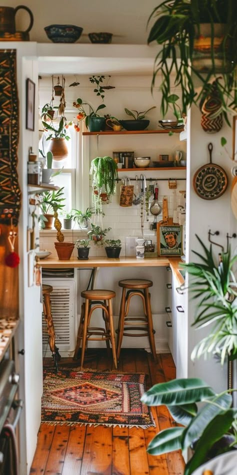 Tiny Kitchen, Big Boho Dreams: 40 Ideas to Make the Most of Your Space in 2024 House Design Boho, Boho Tiny Home, House Plants Kitchen, Small Kitchen Boho, Boho Small Kitchen, Forever Home, Tiny Kitchen Storage Ideas, Cozy Small Kitchen, Dopamine Decor Kitchen