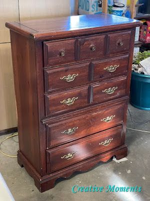 80's Tall Boy Dresser Gets 2020 Update Repurpose Tall Dresser Diy, Repurposed Tall Dresser Ideas, Tall Dresser Refurbish, Painted Tall Dresser, Repurposed Chest Of Drawers Diy Ideas, Boys Dresser Makeover, 80s Dresser Makeover, Tall Dresser Makeover Diy Repurposing, Tall Boy Dresser Makeover