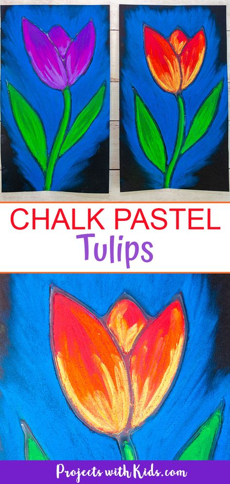 This chalk pastel tulip art project is a great spring activity that kids will love to create! Kids will learn about using glue as a resist technique and layering and blending pastels to create a stunning piece of art. #projectswithkids #kidsart #chalkpastels Spring Art Ideas For Kindergarten, Grade 1 Art Ideas Spring, 1st Grade Easter Art Projects, Spring Craft 3rd Grade, Spring Art First Grade, Spring Art Middle School, Spring Art 4th Grade, Spring Art For Elementary Students, Spring Art For Middle School