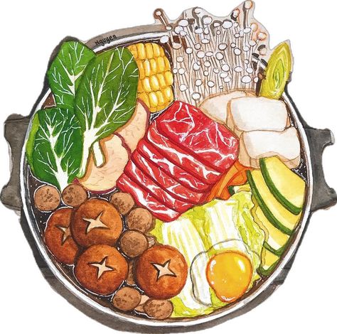 Watercolor illustration of Shabu Shanbu Hotpot by me Hot Pot Drawing, Hotpot Drawing, Food Illustration Art Watercolour, Hotpot Illustration, Hotpot Aesthetic, Japanese Food Illustration, Shabu Shabu, Food Illustration Art, Illustration Food