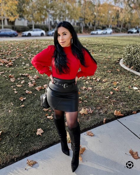 Edgy holiday outfit idea. Faux leather skirt size 00 (similar linked) Red sweater size xxs (similar linked) Opaque tights (in the smallest size) Black boots Quilted crossbody bag Gold jewelry http://liketk.it/33nLR #liketkit #LTKstyletip #LTKsalealert #LTKunder100 #LTKunder50 #LTKcurves #LTKshoecrush @liketoknow.it Red Leather Skirt Outfit Party, Black And Red Holiday Outfit, Red Sweater With Black Skirt, Red Leather Skirt Outfit Winter, Black Skirt And Red Top Outfit, Red Faux Leather Skirt Outfit, Red Shirt Black Skirt Outfits, Red Black And Gold Outfit Ideas, Black Faux Leather Skirt Outfit Winter