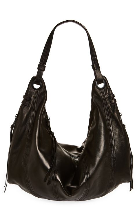 A patterned lining lends branded charm to this leather hobo bag that's secured with a zip closure to keep essentials safely stored. Interior slip pocket Lined Leather Imported Slouchy Leather Bag, Outfits With Bags, Gift Bag Ideas For Women, Dark Academia Bag, Trendy Shoulder Bags, Hobo Bag Outfit, Grunge Bag, Black Hobo Bag, Going Out Bag