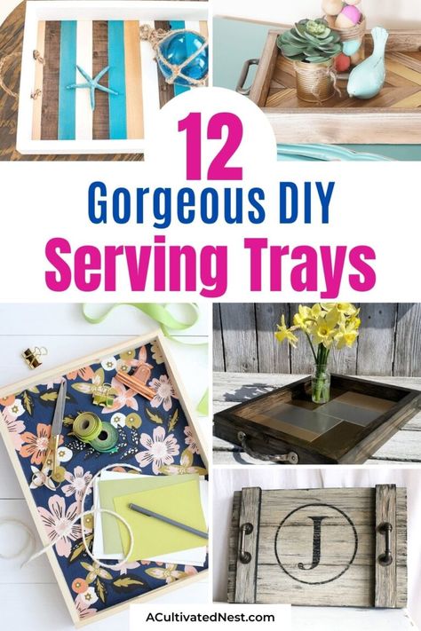 12 Charming DIY Serving Trays- If you want to add style to your space on a budget, then grab the craft supplies and get busy making these 12 charming DIY serving trays. | #diyDecor #craft #DIYs #diyProject #ACultivatedNest Painted Trays Ideas, Pallet Serving Trays, Chalkboard Serving Trays, Diy Serving Tray, Rustic Serving Trays, Crafts Fall, Serving Tray Decor, Painted Trays, Diy Tray