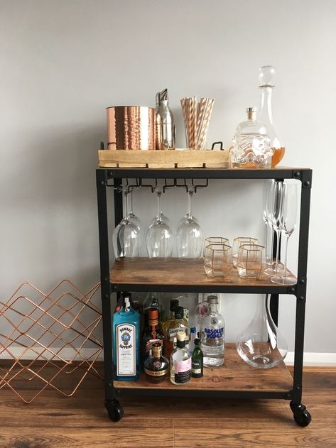 Mini Cocktail Bar Home, Bar Cart In Basement, Bar Cart Small Apartment, Small Bars For Home Bar Carts, Bar Cart Industrial, Man Bar Cart, Cocktail Bar Apartment, Home Cocktail Bar Design, Nissafors Bar Cart