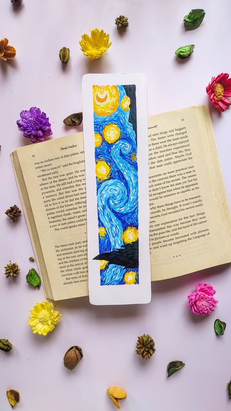 Bookmarks Painting Ideas, Bookmark Design Art, Starry Night Bookmark, Bookmark Painting, Bookmarks Ideas, Hanging Paper Craft, Wall Hanging Paper Craft, Bookmark Watercolor, Craft For Home Decoration