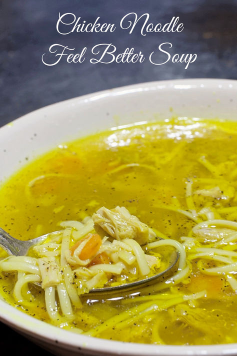 A bowl of chicken noodle soup. Feel Better Soup, Brothy Soup, Chicken Soup Recipes Homemade, My Country Table, Best Chicken Noodle Soup, Homemade Soup Recipe, Dinner Sandwiches, Country Table, Feeling Under The Weather