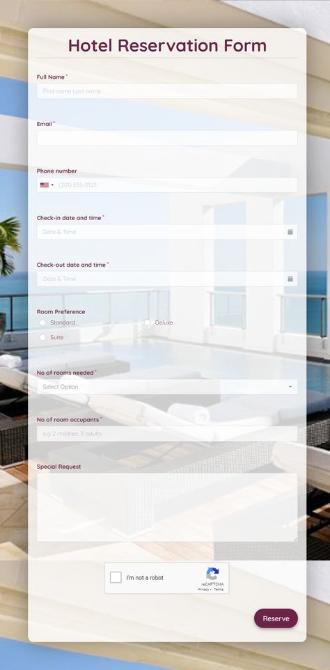 Hotel Paper Design, Hotel Reservation Design, Hotel Reservation Form, Motel Makeover, Homestay Ideas, Reservation Form, Login Page Design, Paying Guest, Hotel Riu