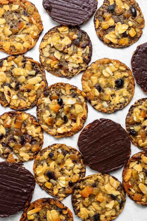 Florentine Cookies Recipe with Almonds - Dessert for Two Chocolate Florentine Cookies, Xmas Bakes, Florentine Cookies Recipe, Recipe With Almonds, Cookies With Almonds, Dried Fruit Cookies, Florentine Cookies, Florentines Recipe, Almond Desserts