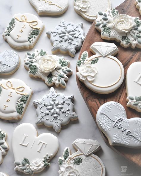 Julie Thomas (@juliesartisanbakery) • Instagram photos and videos Engagement Party Cookies, Julie Thomas, Bridal Cookies, Pine Boughs, Winter Bridal Showers, Bridal Shower Cookies, Bridal Shower Cakes, Shower Collection, Christmas Cookies Decorated