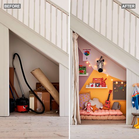 Create a characteful under stairs play area with in 4 easy steps Under Stairs Diy Ideas, Understair Play Area, Play Corner Under Stairs, Play Under Stairs, Under Staircase Play Area, Cubby Under The Stairs, Curtains Under Stairs, Under Stairs Curtain Ideas, Under Stairs Kids Nook