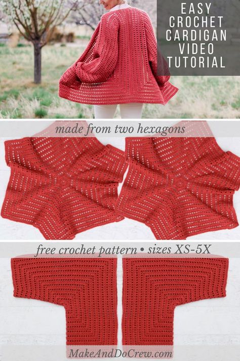 Double Crochet Sweater Pattern Free, Drops Design Crochet Cardigan, Solid Granny Hexagon Cardigan, Hexie Crochet Cardigan, Pentagon Cardigan Crochet, Modern Crochet Sweaters & Cardigans, Striped Yarn Crochet Patterns, Hexi Cardi Crochet Pattern, Crochet Hexagon Button Up