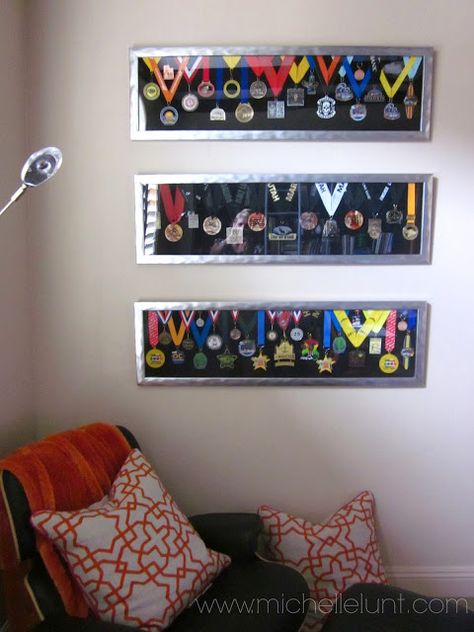 I love this method of displaying marathon medals.  It's neat and attractive at the same time. This could be used for kids' participation medals, 4H awards, etc. -- How to Display Marathon Medals: Honey I'm Home. Race Medal Displays, Running Medal Display, Marathon Medal, Trophy Display, Ribbon Display, Race Medal, Running Medals, Award Display, Sports Medals