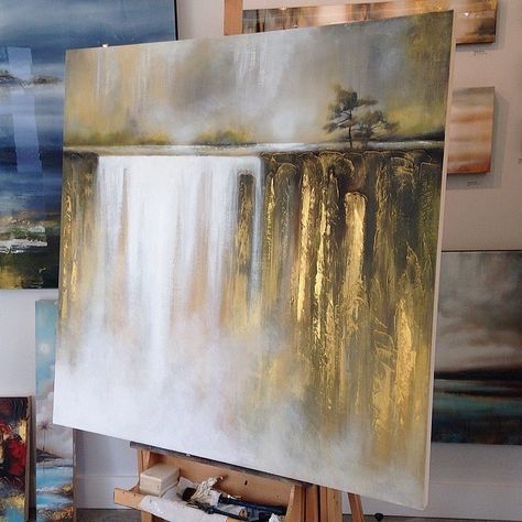 Paintings With Gold Paint, Amazing Waterfall, Waterfall Painting, Abstract Decorative Painting, Contemporary Landscape Artists, Gold Art Painting, Waterfall Paintings, Acrylic Art Projects, Diy Abstract Canvas Art