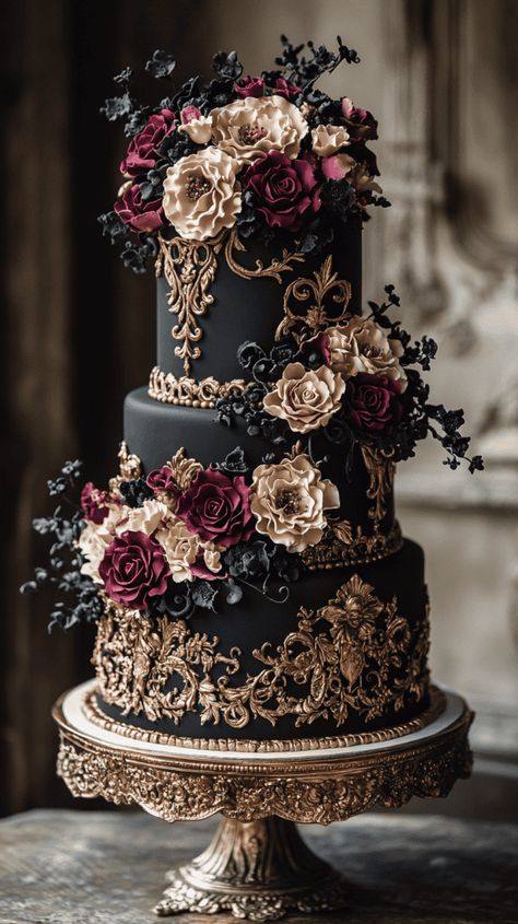 All Black Wedding Cake, Warhammer Wedding, Gatsby Cakes, Red Wedding Cakes, Victorian Cake, Gothic Cakes, Gothic Wedding Cake, Victorian Cakes, Gothic Cake