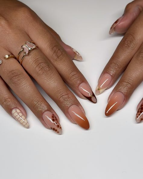 Brown, golds, nudes like I said before 💅🏾🤎 #dovenailsbysharon Nude Brown Nails Short, Nude Brown Nail Designs, Brown Nail Designs Acrylic, Almond Nails With Gold, Brown Nail Designs, Chocolate Nails, Neutral Nail Designs, Western Nails, Brown Nail