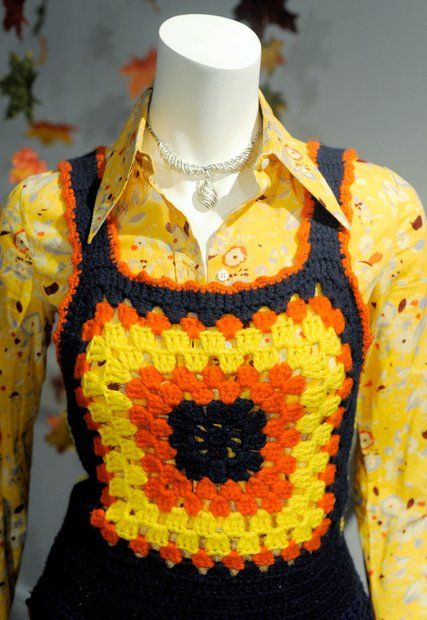 A hand-crocheted granny square vest from the 1970s. I remember the teen age " cool girls " wearing these when I was a little girl Granny Square Vest, Applique Work, Crochet Clothing, Vintage Memory, Crochet Vest, Blouse For Women, 1970s Fashion, Crochet Blouse, African Wear