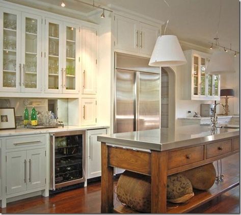 love the whole kitchen, but especially the stainless steel and wood island Kitchen Island Table Combo, Stainless Steel Kitchen Island, Kitchen Island With Sink, Sinks Kitchen, Wood Table Legs, Kitchen Island Table, Wood Kitchen Island, Glass Front Cabinets, Kitchen Marble