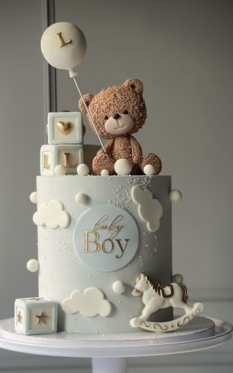 Bearly Wait Cake Ideas, Teddy Baby Shower Cake, Baby Shower Cake Bear Theme, Bear Cakes For Baby Showers, Bear Cake Baby Shower Boy, Tort Baby Shower Boy, Cloud 9 Cake Ideas, Bear Cake First Birthday, Cake Bear Baby Boy