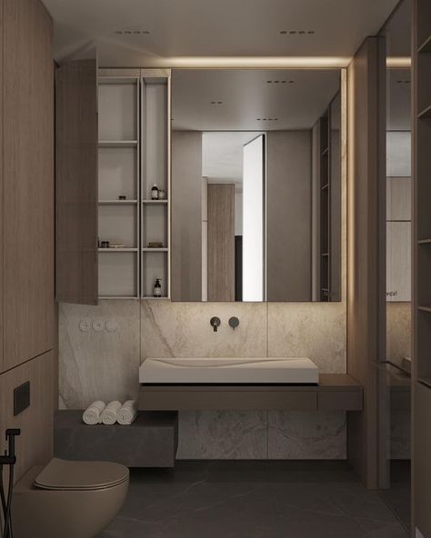 A R T P A R T N E R architects on Instagram: "In this bathroom, despite the clean design, there is a lot of storage space. The main materials are oak veneer and large-format porcelain tiles. As for the lighting, we used hidden lights of indirect action, which give a diffused and comfortable light for the eyes. That is especially important in the evening. Design Artpartner Architects, Karina Tereshchenko" Mirror Storage Bathroom, Artpartner Architects, Mirror Storage, Porcelain Tiles, Oak Veneer, Hidden Storage, Large Format, Clean Design, Porcelain Tile