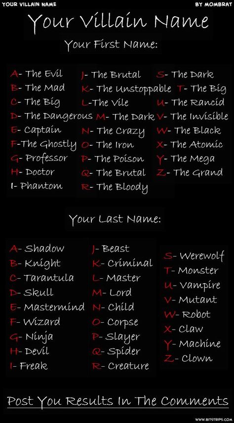 Villain Writing, Funny Name Generator, Werewolf Name, Name Maker, Birthday Scenario, Villain Names, Female Pose, Female Villains, Fantasy Names