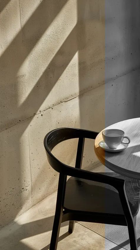 Full Color Image in ai-img-gen.com 🔸 A minimalist coffee shop, a black chair at the table with a wood grain top and a white cup of coffee... 🔸 From Midjourney AI Image Minimalist Coffee Shop, Inspirational Digital Art, Coffee Shop Photography, Minimalist Coffee, Coffee Shot, Dog Cafe, Coffee Shop Aesthetic, Beige Wall, Coffee Photos