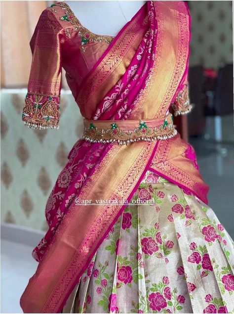 Buy Half Silk Saree Lahenga Choli Grey Kanjiveram Silk Lahenga Online in India - Etsy Langa Voni Half Saree, Half Silk Saree, Choli Dress, Half Saree Lehenga, Lehenga Designs Simple, Indian Bride Outfits, Lehenga Blouse Designs, Designer Sarees Collection, Half Saree Designs