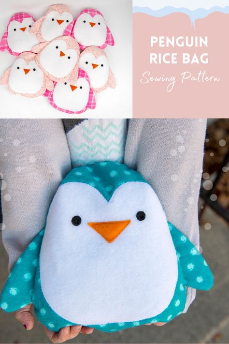 Penguin Rice Bag Pattern, Simple Stuffies To Sew, Rice Bag Sewing Pattern, Easy Sewing Toys For Beginners, Diy Hand Sewn Stuffed Animals, Rice Pack Sewing Pattern, Sewing Stuff To Sell, Sewing Soft Toys Free Pattern, Cute Sewing Stuffed Animals Easy