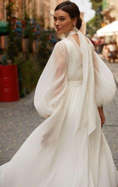 Wedding Dresses With Chiffon Sleeves, Flowy Minimalist Wedding Dress, Chiffon Gown With Sleeves, High Neck Wedding Dress With Sleeves, Wedding Dress With Scarf, Lantern Sleeve Wedding Dress, Bishop Sleeve Wedding Dress, Layered Tulle Wedding Dress, High Neck Chiffon Dress