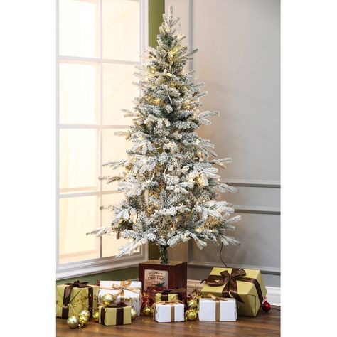 The Holiday Aisle® 5.21' White Fir Artificial Christmas Tree with 120 Clear/White Lights & Reviews | Wayfair Slim Christmas Tree Decorated, Flocked Christmas Tree, Indoor Tree, Slim Christmas Tree, Snow Flock, Wood Pots, Prelit Tree, Fir Christmas Tree, Greenery Garland