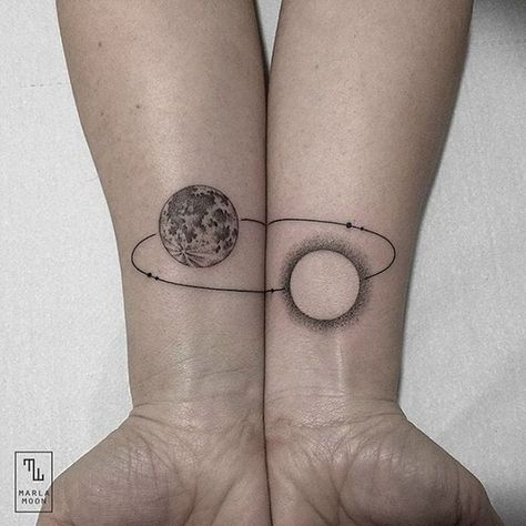 Partner Tattoos, Moon Sun Tattoo, Matching Best Friend Tattoos, Cute Couple Tattoos, Couple Matching Tattoo, Tattoos Infinity, Couple Tattoos Unique, Planet Tattoos, Couples Tattoo Designs