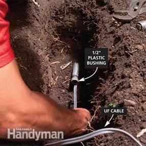 How to Install Outdoor Lighting and Outlet | Family Handyman Outdoor Electrical Outlet, Outdoor Outlet, Outdoor Lighting Ideas, Outdoor Glider, Furniture Remodeling, Home Electrical Wiring, Adirondack Furniture, Landscape Lighting Design, Outdoor Remodel