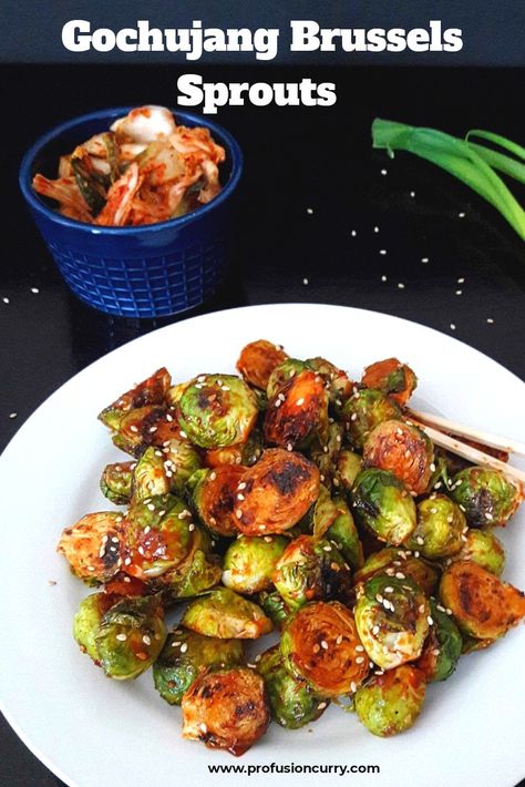 Roasted Brussel Sprouts With Gochujang, Vegan Recipes With Gochujang, Vegetarian Gochujang Recipe, Recipes With Gojuchang, Gochujang Recipe Dishes Vegetarian, Gochujang Brussels Sprouts, Korean Brussel Sprouts, Gochujang Recipe Vegetarian, Gochujang Zucchini